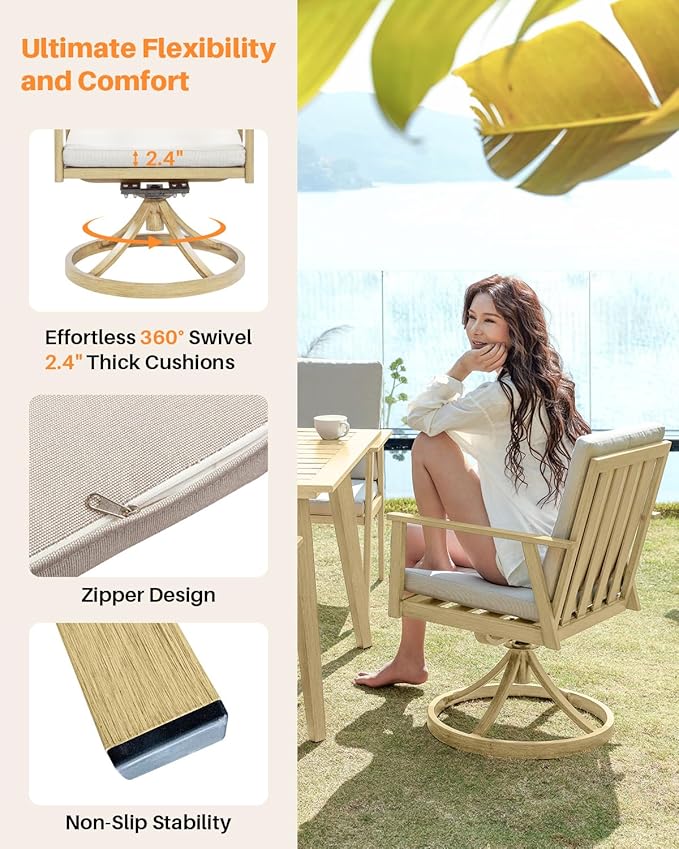 7 Pieces Outdoor Dining Set for 6, Never-Rust Aluminum Patio Swivel Dining Set with 2.2" Umbrella Hole, Outdoor Patio Furniture Set with 2 Swivel Chairs for Decks, Pool, Backyard, Maple Wood