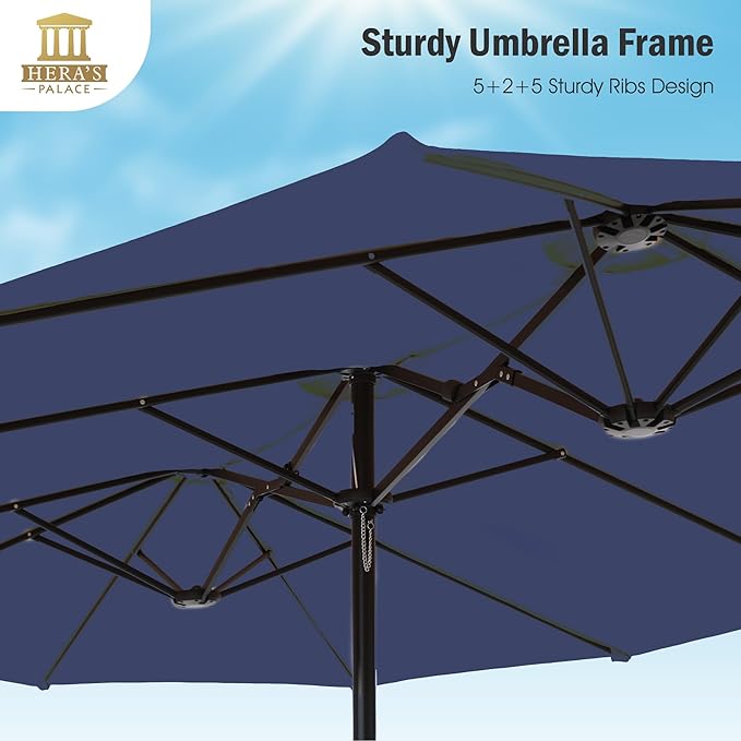 HERA'S PALACE Umbrella Patio Outdoor with Base 15ft Rectangle Table Double Market Umbrellas Clearance Large Heavy Duty Included Stand for Deck Outside Pool Picnic Inground Yard Commercial, Navy Blue
