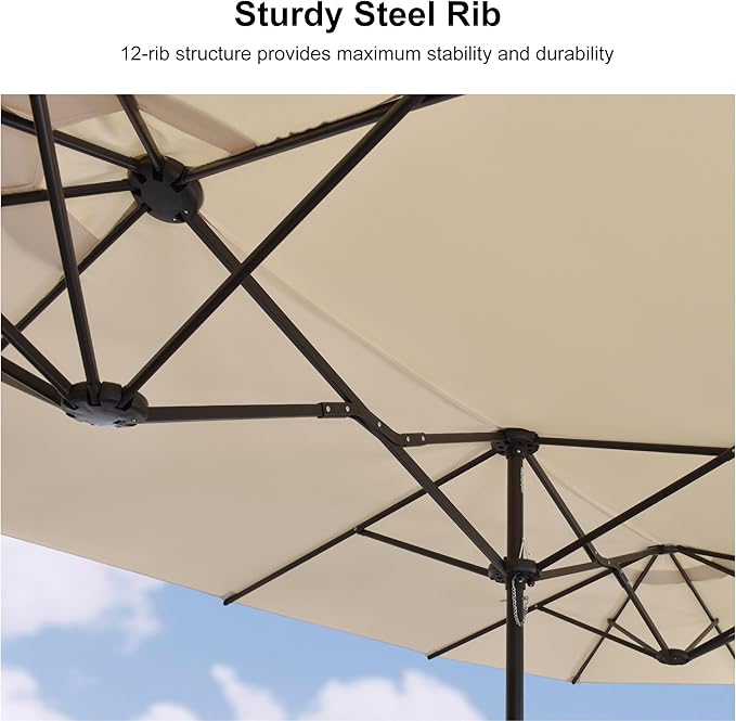 PURPLE LEAF 14ft Patio Market Umbrella with Base Double-Sided Rectangle Outdoor Table Sun Umbrellas with Crank 12 Heavy Duty Sturdy Ribs for Pool Beach Deck Backyard Khaki