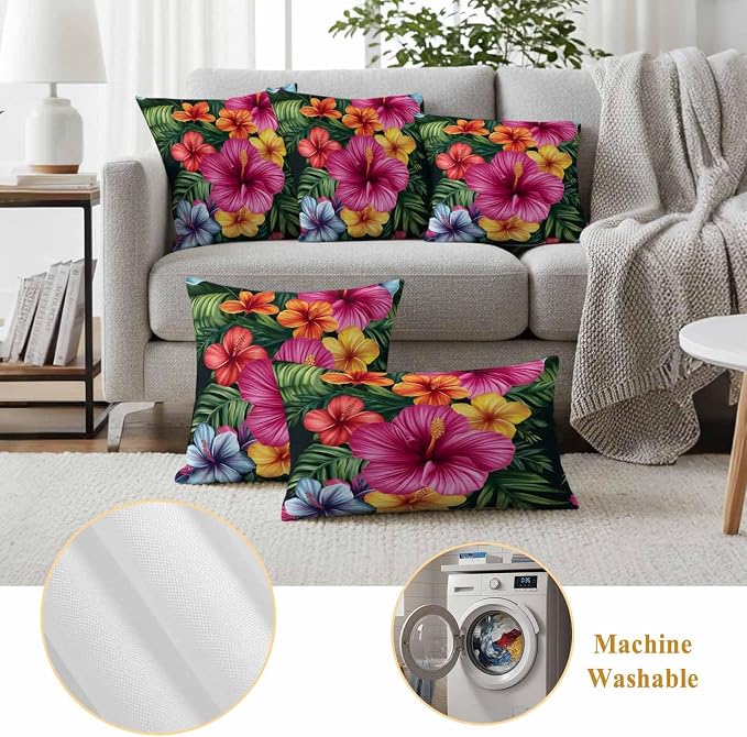 Hibiscus Flower Pink Floral Waterproof Pillow Covers Set of 2,Country Watercolor Green Leaves Outdoor Pillow Protectors with Zipper Pillowcases for Patio Tent Garden Beach 26x26 Inches