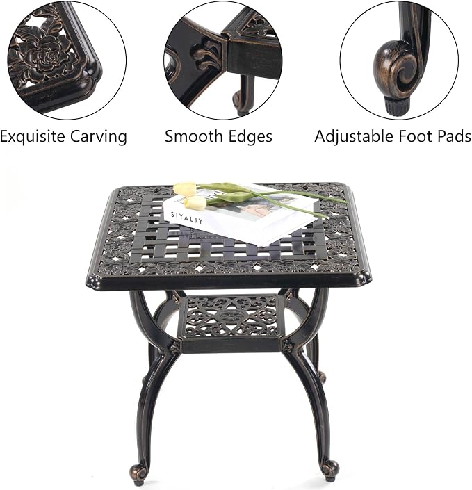 Mandolin Outdoor Patio,Rust -Resistant Cast Aluminum Side Table,Weather Resistant End Table，Coffee Table， Perfect for Patio, Backyard Or Garden. W 20.8" X H18.5(Aluminum Square, Copper)