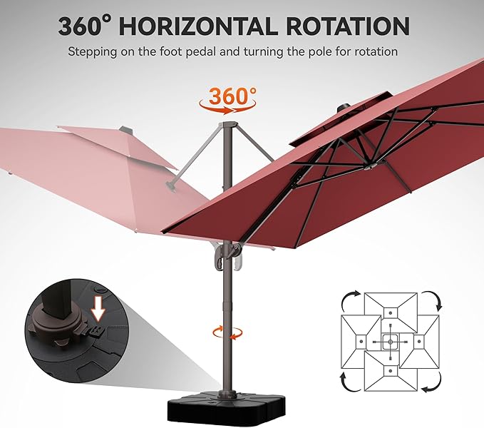 GENTEACO 10X10 FT Cantilever Umbrella with Base Included, Large Offset Patio Umbrella with Double Top, 6 Angle Tilts & 360° Rotation, Large Square Sun Umbrellas for Outdoor Pool Market, Red