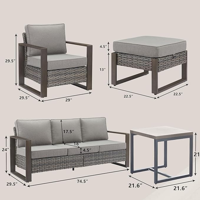 Outdoor Wicker Patio Furniture Set - 6 Piece Patio Conversation Set with 2 Wicker Armrest Chairs,2 Rattan Ottoman,1 Side Table and 1 Couch,Sturdy Frame,Thick Cushions,Deep Seating(Mixed Grey/Grey)