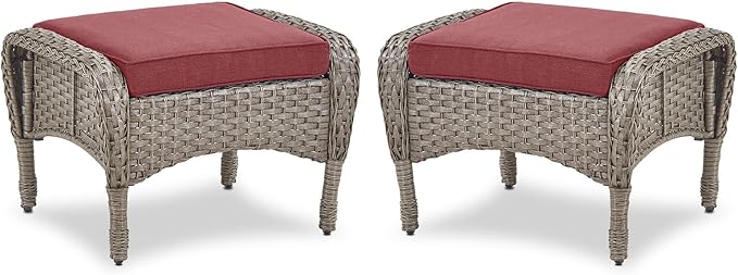 Belord Outdoor Ottomans for Patio Foot Rest - 25 Inch PE Wicker Foot Stool Set of 2 with Removable Cushions for Patio Furniture Sets,All Weather Rattan Ottoman for Balcony Deck Gray/Red