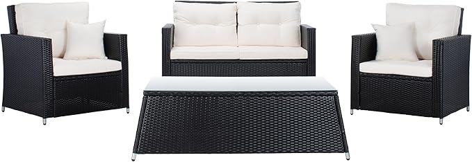 SAFAVIEH Outdoor Collection Lorma Black/Beige Wicker 4-Piece Conversation Patio Set