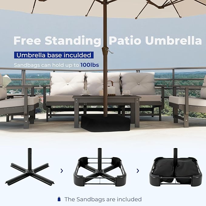 BRIOPAWS 15-FT-Large-Patio-Umbrella-with-Base | Double-Sided | Outdoor Table Umbrellas | w/Crank Handle | 12 Sturdy Fiberglass Rib | UV-Protection | for Garden Deck Backyard Pool | Tan