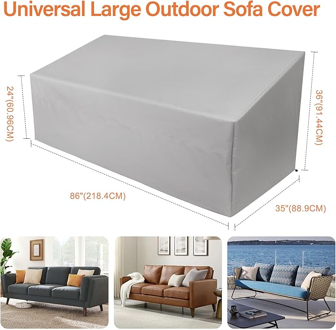 Patio Sofa Cover Waterproof, Heavy Duty 2 Seater Outdoor Bench Loveseat Cover,Patio Furniture Covers for Outside Sofa, Loveseat, Couch, Bench and Glider (Grey, 86"Lx35"Wx24/36"H)