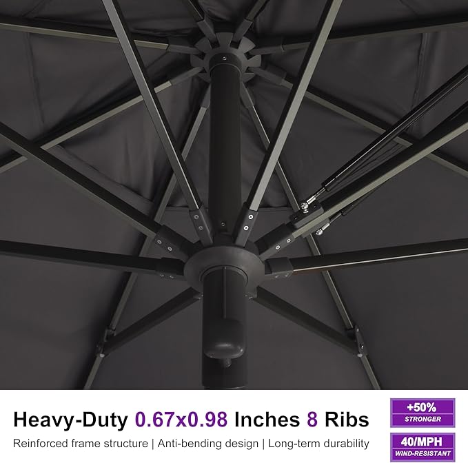 PURPLE LEAF 13 FT Commercial Round Patio Market Table Sun Umbrella Semi Auto Open All Weather Maximum Coverage for Hotel Resort Cafe Restaurant Garden Business Use Grey