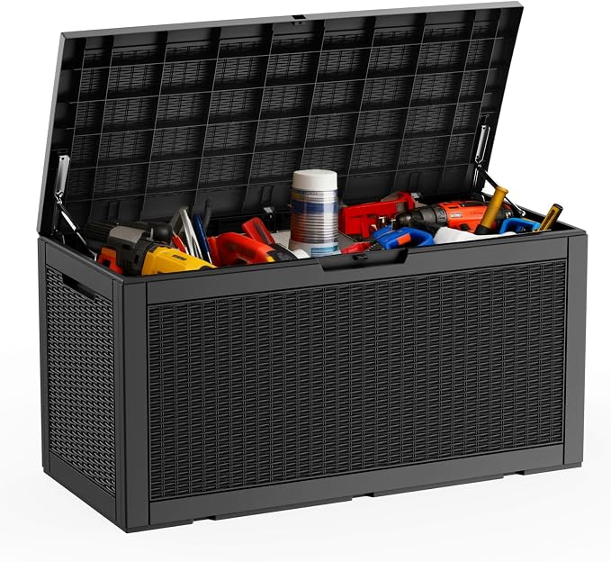 DRATO 100 Gallon Large Deck Box, Outdoor Storage Box for Patio Furniture, Patio Cushions, Gardening Tools, Pool Supplies, 660lbs Weight Capacity, Waterproof Resin Storage Boxes (Black, 100 Gallon)