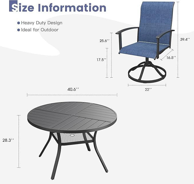 VICLLAX Outdoor Table and Chairs Set for 4, Patio Dining Set of 40.6" Metal Round Patio Table with Umbrella Hole & 4 Swivel Outdoor Dining Chairs for Backyard Lawn, Dark Blue & Black