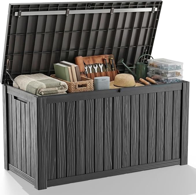 Outdoor Waterproof Resin Storage Deck Box Lockable Outside Bench UV Resistant Bin Patio Porch Furniture Pool Float Garden Tool Cushion (Black, 180 Gallon)