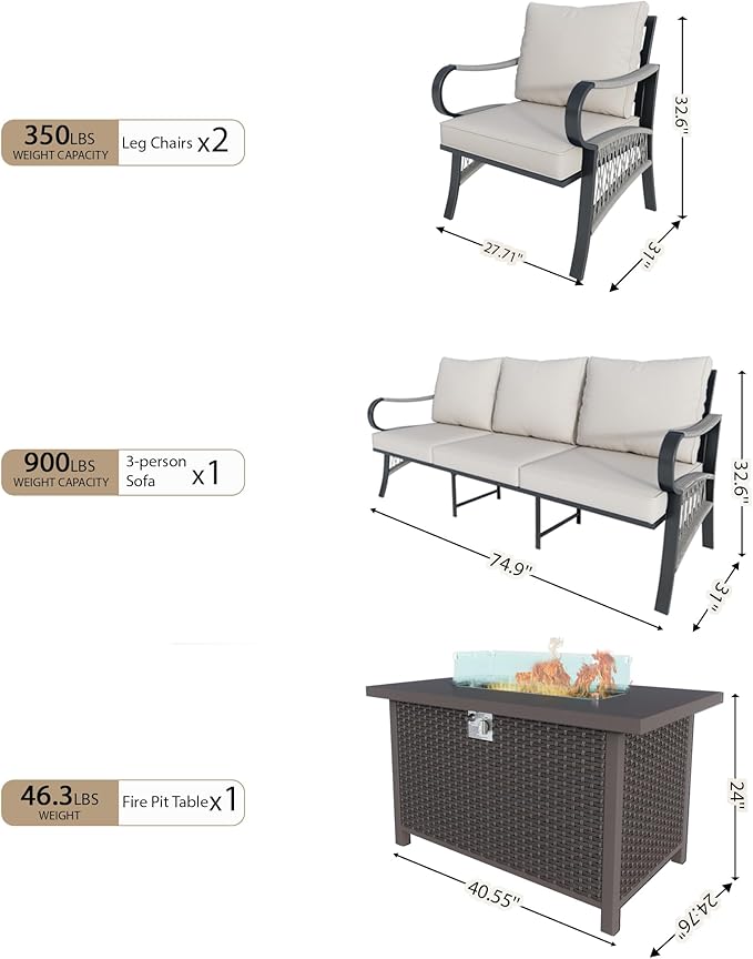 4 Pieces Patio Furniture Set, Metal Outdoor Conversation Sets with Fire Pit Table for Backyard Garden Deck Porch Poolside (Thick Beige Cushions)