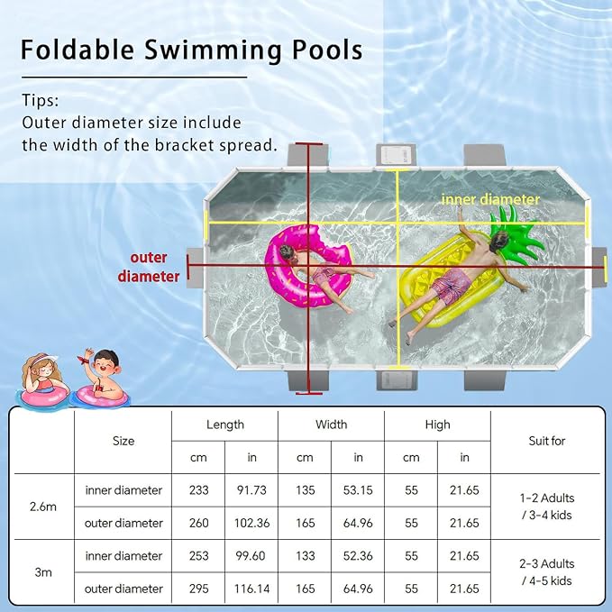 Foldable Pool Non-Inflatable Swimming Pool for Family Adults Hard Plastic Shell Collapsible Rectangle Swimming Pool for Outside Backyard Portable Pet Dog Pool (3m)