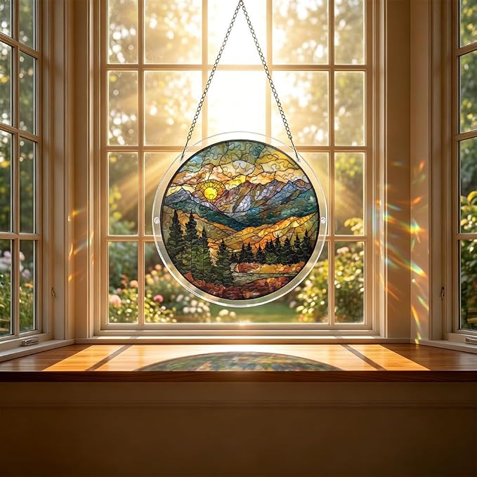 Acrylic Puzzle Suncatcher, Mountain Stained Glass Window Hanging, Sun Catcher Puzzle Kit Home Garden Decor, Creative Mothers Day and Birthdays Gifts for Mom, Wife, Sisters, 7.87 inch