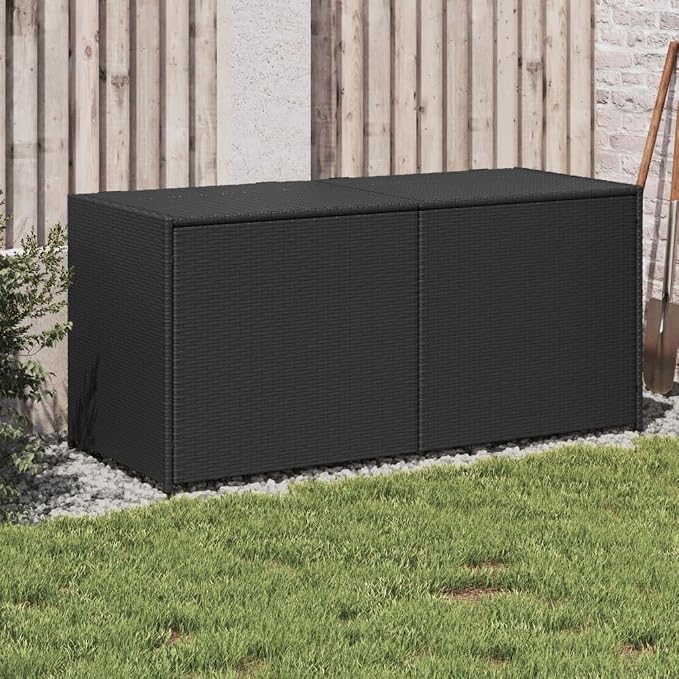 74.8 Gal Outdoor Storage Box, Patio Rattan Deck Box, Wicker Storage Bin Deck Box, Poly Rattan Patio Storage Chest with Hinged Lid for Cushions, Pillows, 47.2"x19.7"x22" Black