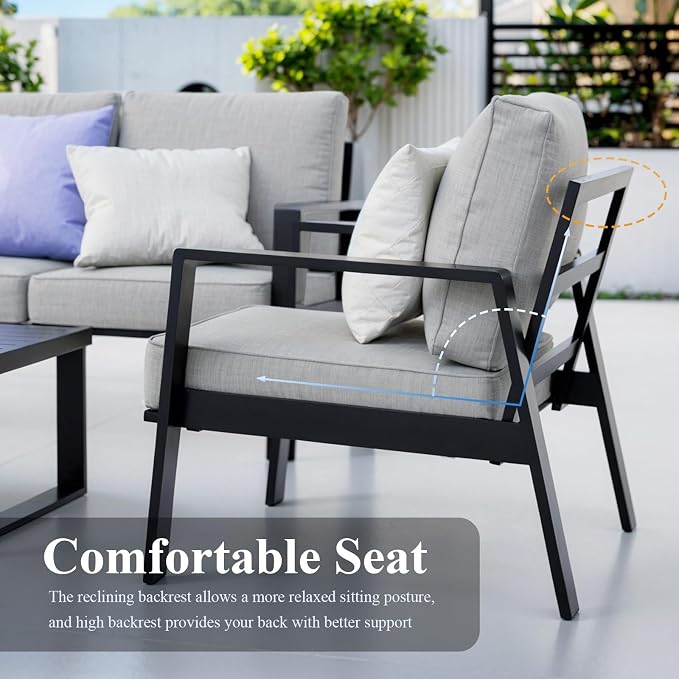 Aluminum Outdoor Patio Furniture Set, 5 Piece Sectional Coversation Sets with Coffee Table, Modern Outdoor Sofa Couch with Thick Cushions for Porch, Balcony, Garden, Light Gray
