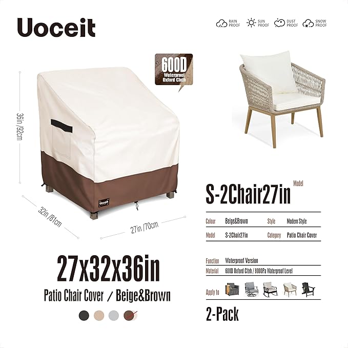 Outdoor Chair Covers 2 Pack,27Wx32Dx36H inches 100% Waterproof Heavy Duty Patio Furniture Cover ,Outdoor Furniture Covers Waterproof for Beige&Brown Modern Style Patio Chair Covers.