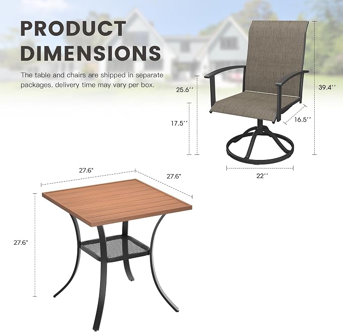 3 Pieces Small Patio Dining Set, Outdoor Furniture of 27.5" Square Small Patio Table and Patio Swivel Chairs for Backyard Lawn Garden, Walnut Table and Mixed Brown Chairs