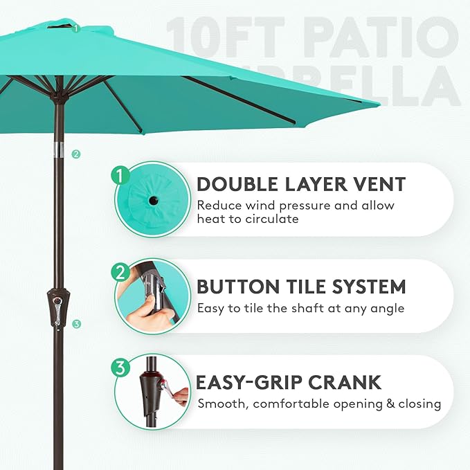 JEAREY 10FT Outdoor Patio Umbrella Outdoor Table Umbrella with Push Button Tilt and Crank, Market Umbrella 8 Sturdy Ribs UV Protection Waterproof for Pool, Garden (Aqua Sky)