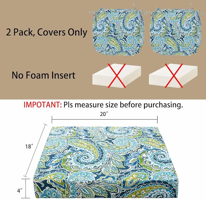 Magpie Fabrics Indoor Outdoor Cushion Cover Replacement 2 Pack, NO Insert! Water Repellent Slipcover with Ties Decor for Patio Garden Chair Seat Sofa Bench Wicker(Paisley Lapis Green, 20x18x4 Inch)