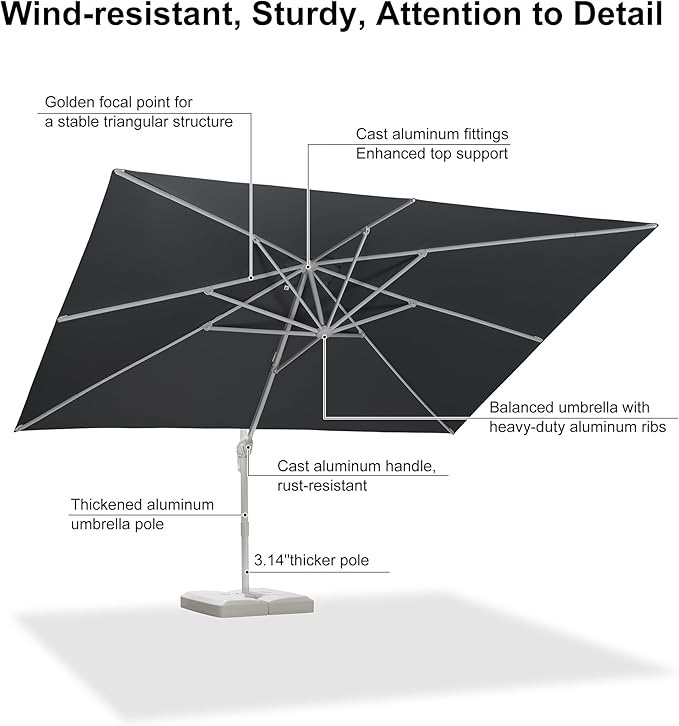 PURPLE LEAF 10' × 13' Patio Umbrella With Base White Cantilever Umbrella Square Outdoor Offset Umbrella Windproof with 360° Rotation for Garden Deck Pool, Light Grey