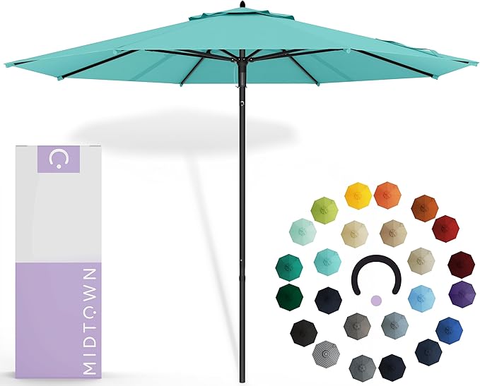 Midtown Umbrellas Push & Pop 9 Ft Patio Umbrellas with Push & Pop Mechanism, Fiberglass Ribs & Sunbrella Fabric – Outdoor Umbrella for Deck, Pool, Cafés and Hotels – Aruba Canopy, Black Pole
