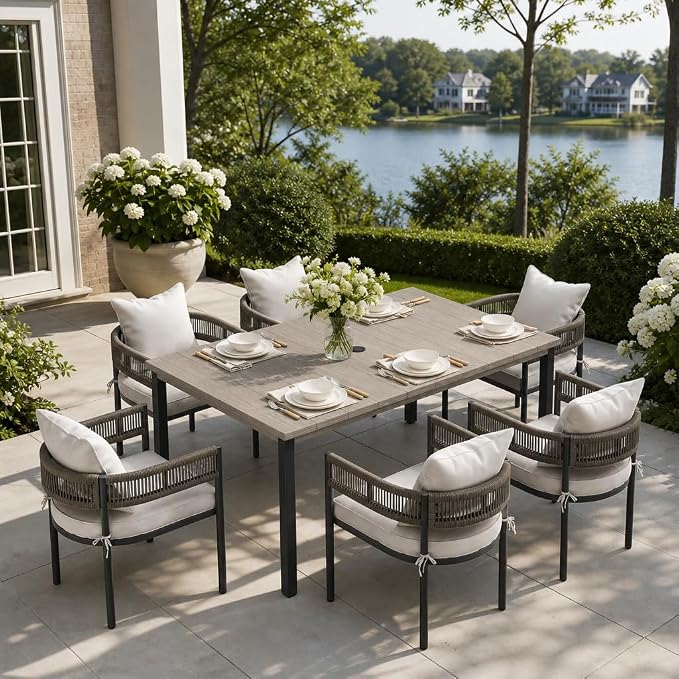 VICLLAX Patio Dining Set, 63" Grey Table & 6 Chairs with Wheat Cushion | Outdoor Table and Chairs Set of Rectangular Metal Patio Table, Outdoor Dining Chairs with Metal Frame, Garden Deck Porch