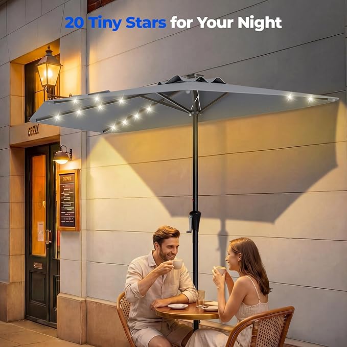 HOMSHADE 9FT Half Patio Umbrella with Solar LED Lights for Outdoor, Waterproof Half Umbrella for Small Spaces, Balcony, Deck(Dark Grey)