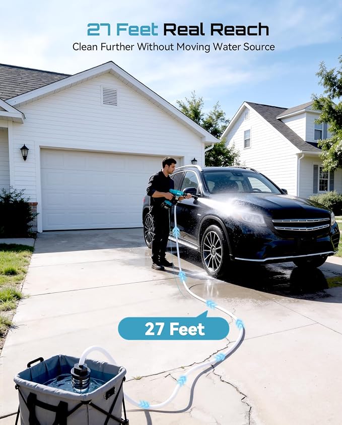 SEESII Cordless Portable Washer, Electric Power Washer with 4000mAh Battery, Lightweight Washer Gun with 6-in-1 Nozzle & 27FT Hose, Handheld Power Cleaner for Car, Driveway, Garden, Patio & Fence