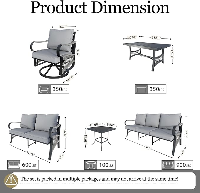 6 Pieces Patio Conversation Sets, All-Weather Metal Swivel Rocking Chairs with Rope Furniture Set, Outdoor Sofa Couch for Deck, Porch, Garden, Backyard, Poolside (Gray Cushions)