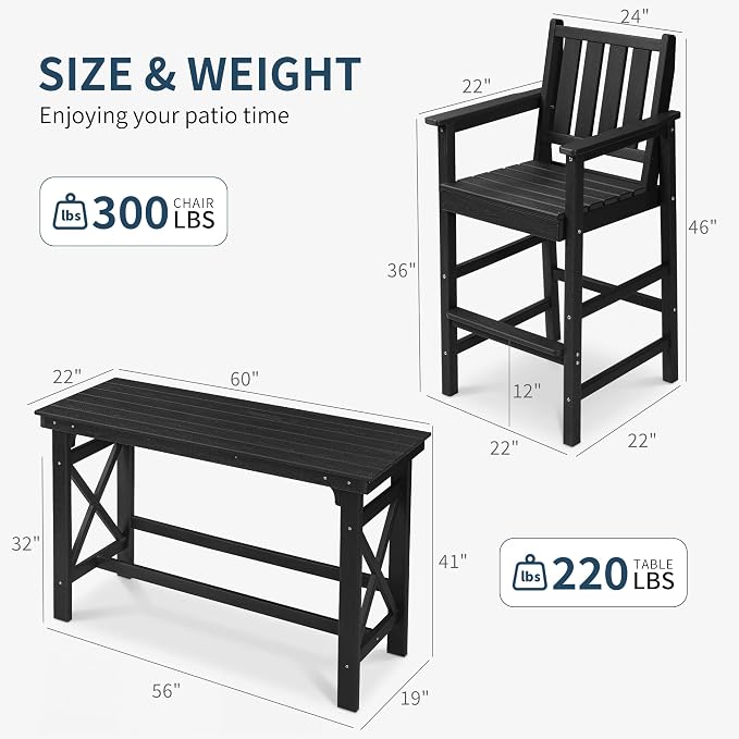 5-Piece Outdoor Bar Table and Chairs Set, HDPE Counter Height Patio Dining Table with 4 Adirondack Bar Chairs, Adirondack Bar Height Chairs and Bar Table for Bistro, Poolside, Backyard, Black