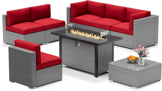 8 Pieces Outdoor Patio Furniture Set with 45” Propane Gas Firepit Table, Grey Wicker Patio Sectional Sofa Set, Outdoor Couch with Cushion and Tempered Glass Table, Red