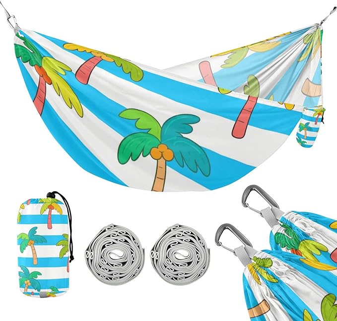 Blue White Striped Coconut Palm 330lb Capacity Hammocks for Camping with Tree Straps Tree Hammock for Camping Travel Accessories hamacas para Patio