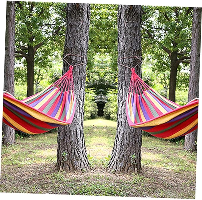 Canvas Camping Hammock Swing, Portable Striped Outdoor Hanging Chair 190x85cm, Rainbow Color for Garden, Patio, and Travel Use
