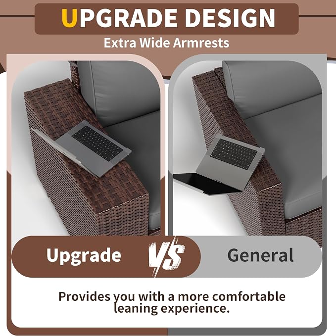 Patio Furniture with Fire Pit Table,8‘’ Wide armrest Outdoor Sectional Rattan Sofa Set, Wicker Patio Furniture Sets w/Coffee Table,Thick Cushions and Cover for Porch, Balcony,7PC (Brown&Grey)