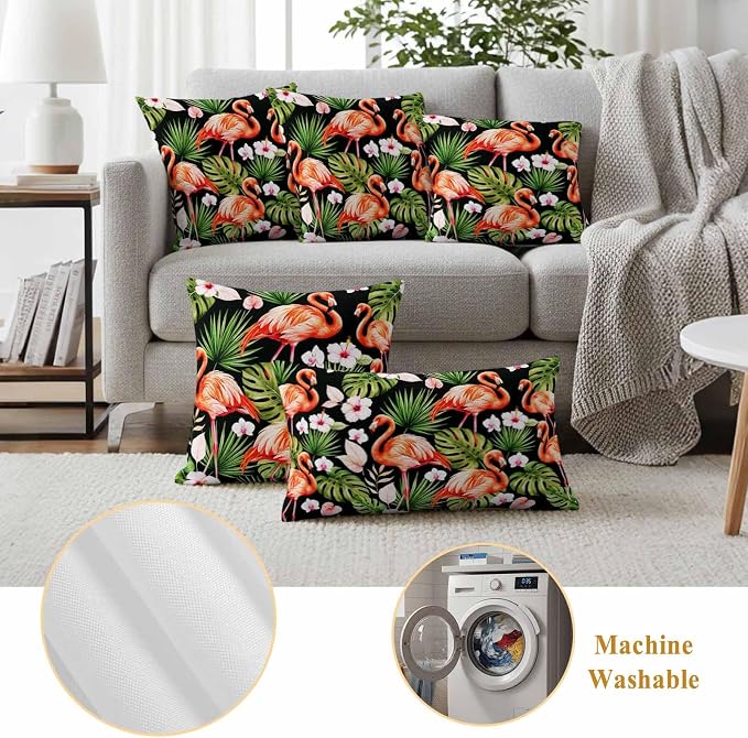 Pink Flamingos Outdoor Pillow Covers 20"x20" Set of 2, Green Tropical Leaf Hibiscus Flower Botanical Waterproof Throw Pillow Covers for Patio Furniture, Decorative Cushion Covers for Porch