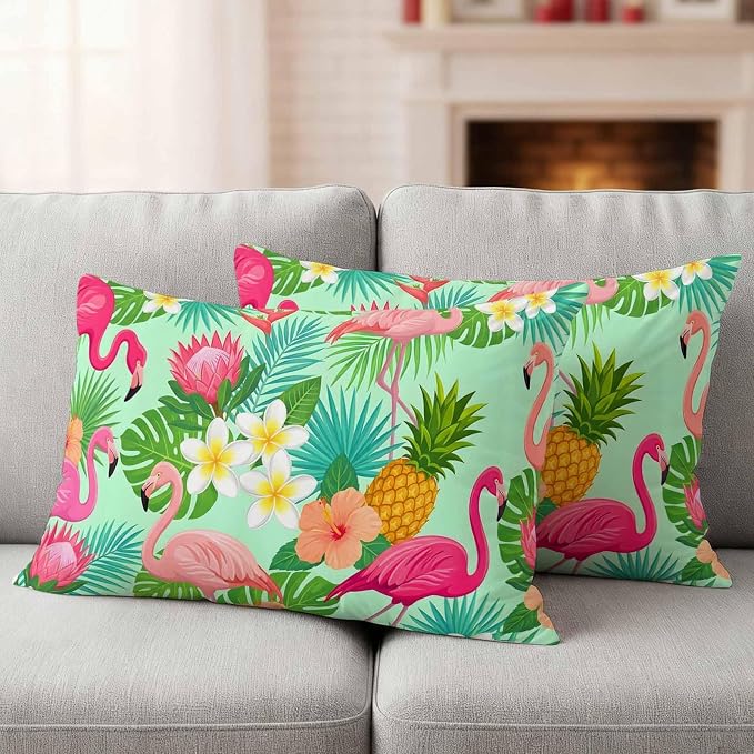 Pink Flamingos Outdoor Pillow Covers 20"x12" Set of 2, Tropical Palm Leaf Hibiscus Flower Green Plant Waterproof Throw Pillow Covers for Patio Furniture, Decorative Cushion Covers for Porch