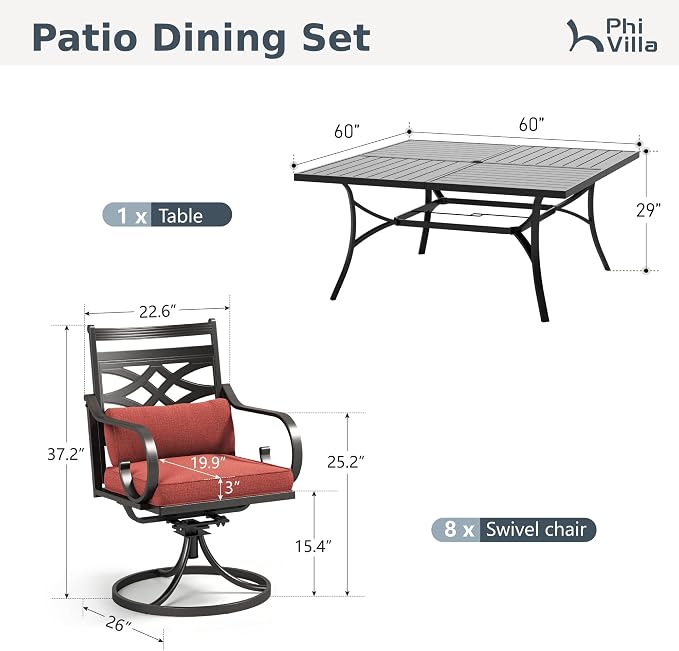 PHI VILLA 9 Piece, Outdoor Dining Set, 57.5" Square Metal Table, Red | Wrought Iron, Swivel Chairs, Cushions, Umbrella Hole, Weather-Resistant