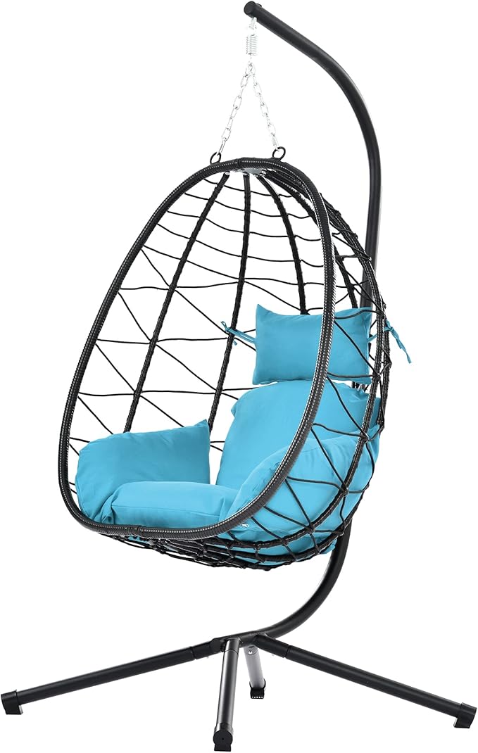 Hanging Egg Chair with Stand, Comfy Indoor/Outdoor Rattan Swing Hammock Chairs, 350lbs Capacity for Patio, Bedroom, Garden (Blue)