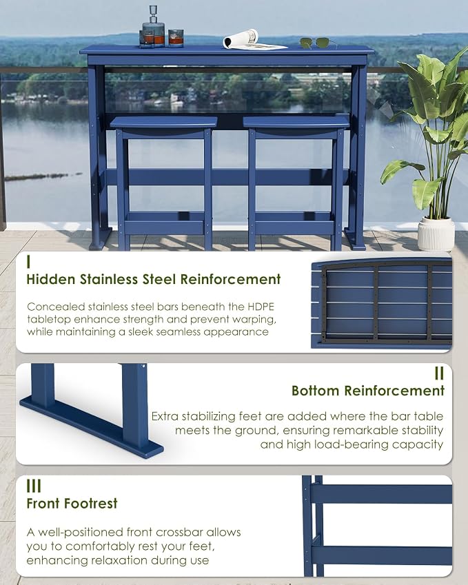 GREENVINES Outdoor-Bar-Set | HDPE Plastic | 3-Piece | 37″ Counter Height Patio Table & 2 Backless Stools | Rectangle | High Top | All Weather | for Backyard Balcony Poolside | Blue