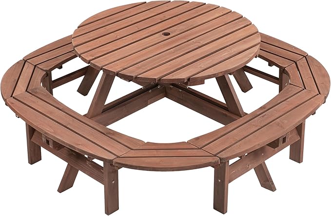 10-12 Person Picnic Table Round Outdoor Dining Table with Umbrella Hole,1 Built-in Ring Stool,Wooden Outside Picnic Tables and Bench Set for Garden,Patio, Backyard,2500LBS Total Capacity,Walnut Brown