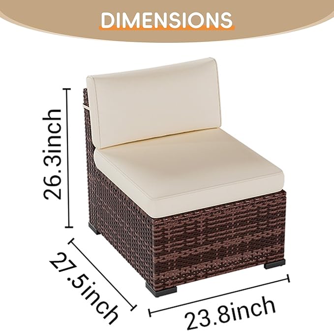 UDPATIO Patio Furniture Set, Modular Outdoor Sectional with 105°Slanted Back, 5 Pieces Rattan Conversation Set for Poolside, Backyard, Deck, with Coffee Table, Waterproof Cover, Khaki