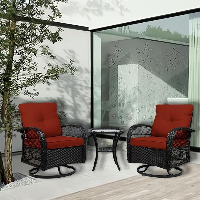 Outdoor Swivel Rocker Patio Chairs with Cushions，Outdoor Swivel Rocking Chairs Set of 2 with Rattan Side Table，360 Degree Swivel Seat Patio Furniture Set for Outside Porch Deck，3 Pieces