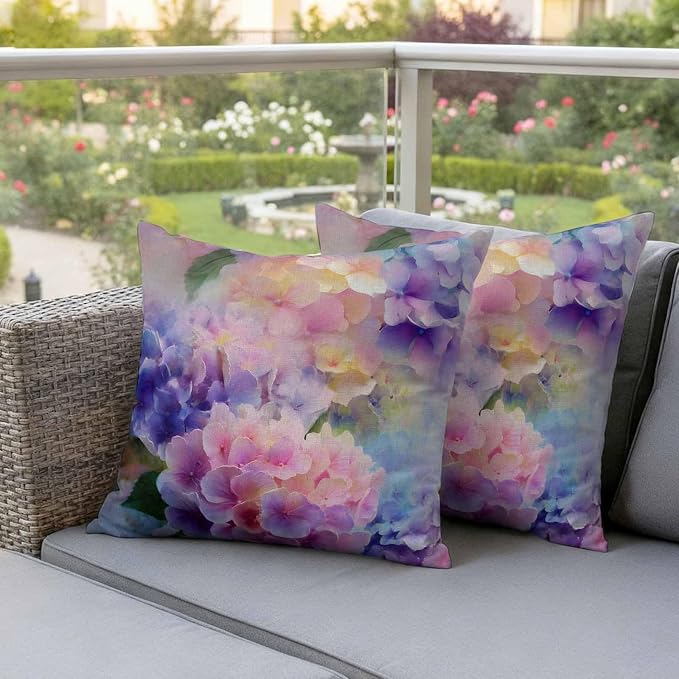 Pink Purple Floral Outdoor Pillow Cover 18x18 Inch Cushion Sham Case, Spring Hydrangea Flower Vintage Botanical Waterproof Decorative Square Throw Pillowcase for Outside Garden Patio Porch Couch Chair