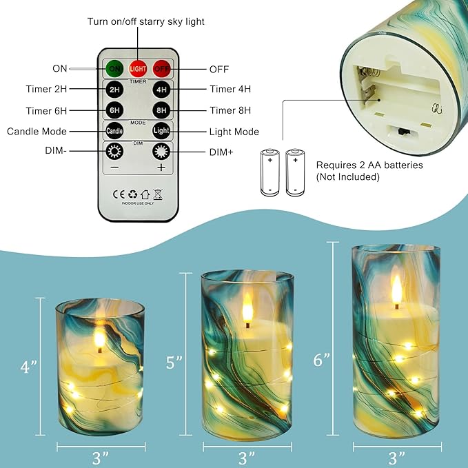 Flickering Flameless Candles, Recessed String Light LED Candles 3D Wick Acrylic Battery Operated LED Pillar Candles with Remote and Timer for Modern Simple Home Decor Set of 3(Marble Printed)