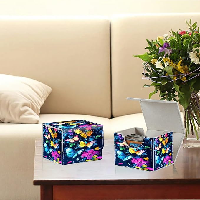 Card Deck Box for MTG, Cards Storage Box Fits 120+ Sleeved, Leather Small Size Strong Magnetic Closing Card Case for Board Games Magic TCG CCG Baseball Collection, Colorful Butterfly