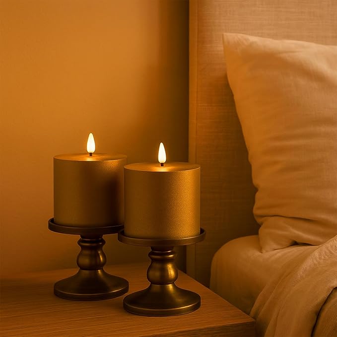 Smtye 4x4 Inch Gold Textured Flameless LED Candles Set of 2, Plastic Sand Finish Battery Operated Flickering Pillar Candles with Timer, Realistic Warm Glow for Home, Weddings, and Holiday Decor