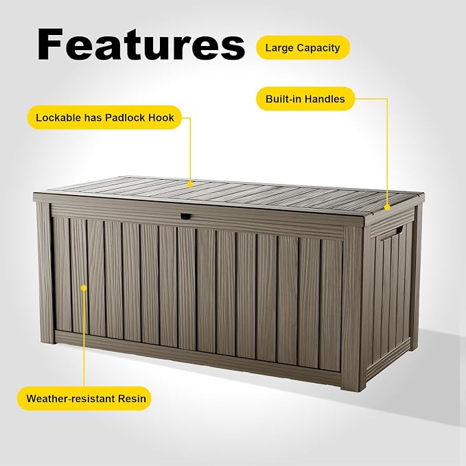 Deck Box Large Outdoor Storage for Patio Furniture,Outdoor Cushions,Garden Tools and Pool Supplies,Waterproof,Resin,Lockable (Grey, 150 Gallon)