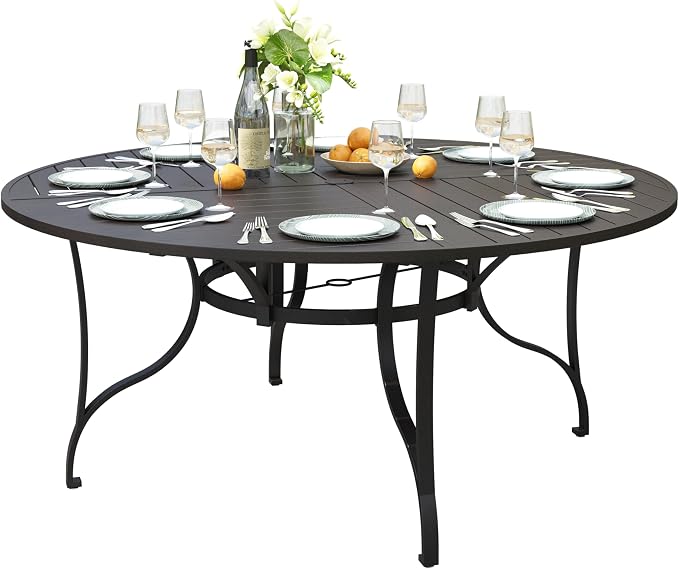 PHI VILLA Round Patio Table for 8, Black Metal Table w/Umbrella Hole | 67" large wrought iron dining table. Slatted top design, weather resistant. Perfect for outdoor deck, porch, backyard.