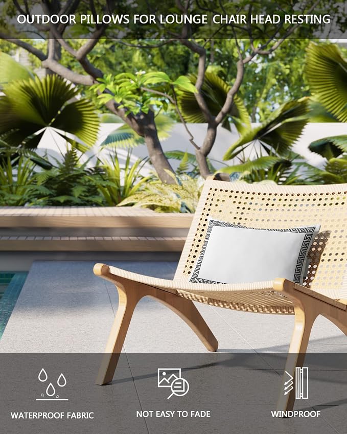 Outdoor Pillows Covers with Inserts White Traditional Greek Key Meander Border Square Geometric Waterproof Pillow with Adjustable Strap Throw Pillows for Patio Furniture Lounge Chair, 12x20 Inch, 2PCS